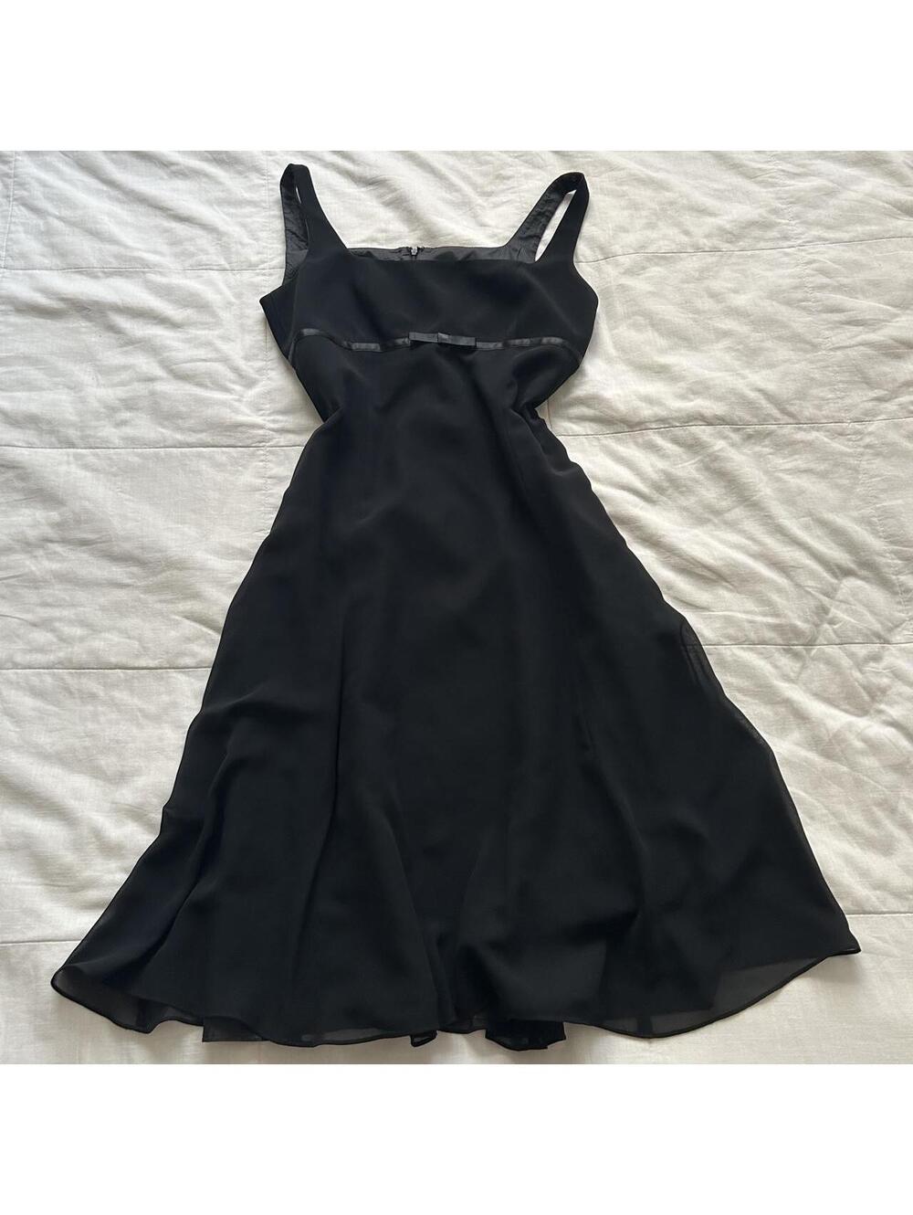 London Times Black Dollette Dress Square Neck Bow Satin Trim Size 6